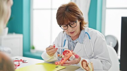 Wall Mural - Middle age woman doctor and patient holding anatomical model of uterus speaking at clinic