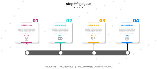 Thin line flat process . Business infographic with 4 options, arrows. Vector linear elements for presentation.