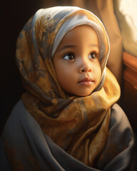 Wall Mural - portrait a muslim child girl in hijab, super close up, hyper realistic and detail, bautiful dreamy light, create using generative AI tools.