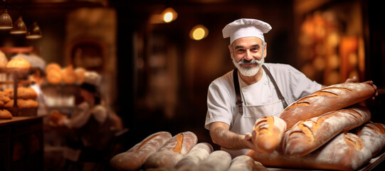 The Art of Baking: A Portrait of a French Man Proudly Serving as a Male Baker, Presenting a Fresh Baguette with Ample Copy Space.

