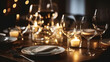 Elegant Evening. A Candlelit Dining Affair with wine glasses and tableware for an evening dinner party. Generative AI