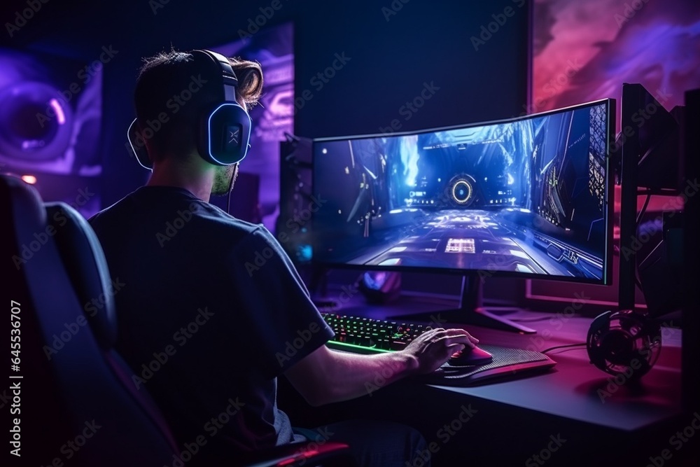 Intelligent Gamer Generative AI : Gamer shouting as he reaches a climactic point in his ...
