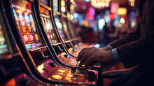 Gaming Excitement. Close-Up of a Casino Slot Machine Player. Generative AI