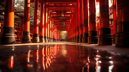 the iconic red torii gates at Shinto shrines