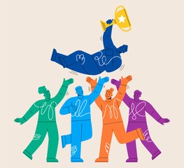 winners team. teamwork, friendship, cheerful group of people celebrating. colorful vector illustrati