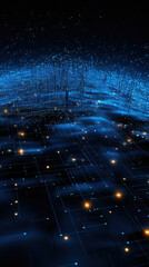 Poster - Data technology and communication futuristic illustration. Wave of bright particles. Technological 3D landscape. Big Data visualization. Network of dots connected by lines.