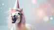 Happy horse in a birthday hat against a blurry background with confetti