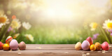 Fototapeta Sport - Wooden table with easter eggs and blurred spring meadow background