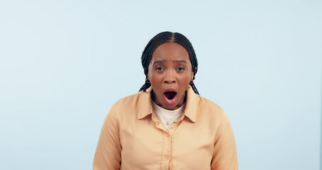 Wall Mural - Shocked, surprise and confused with face of black woman in studio for announcement, wow and news. Notification, gossip and mind blown with portrait of person on white background for omg and sale