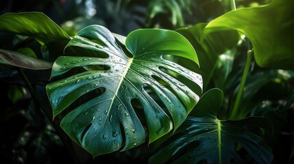 Wall Mural - Closeup nature view of tropical green leaf