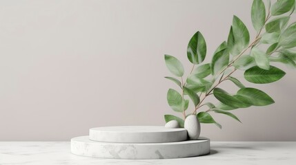 Wall Mural - Minimal modern product display on light gray background with leaves, copy space. Generative AI