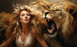 woman kissing a lion head on dark background