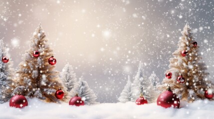 Wall Mural - Beautiful Christmas snowy background Christmas tree decorated with red balls