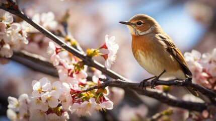 Naklejka na meble Delightfully beautiful nightingale bird on a flowering tree in spring.