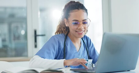 Canvas Print - Doctor, laptop and happy woman typing online medical study, hospital report or healthcare research. Communication, computer or surgeon smile for medicine innovation, project or telehealth development