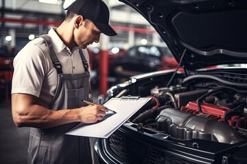 Wall Mural - Automobile mechanic checking a car by inspecting and writing to the clipboard the checklist.