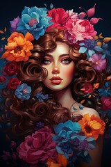 Wall Mural - Beautiful lady, hair covered in flowers.