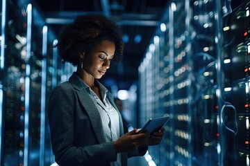 Black female, chief technology officer, using a tablet in data center.