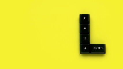 Fototapete - New year concept. Computer keyboard written with new year number. Yellow background with copy space.