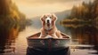 Beautiful fluffy dog sitting in an old canoe on the la Generative Ai