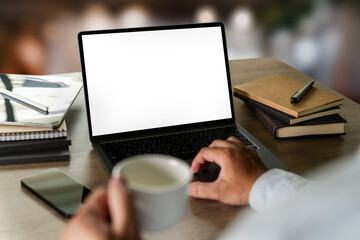 Poster - Laptop with blank screen on table. Workspace background new project on laptop computer with blank copy space screen for your advertising text message