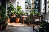 Fototapeta  - Beautiful terrace or balcony with a hardwood floor, a chair, and green plants in pots. cozy retreat in the house. In the city, a bright, trendy balcony terrace