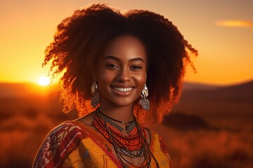 Wall Mural - Young african woman smiling at sunset.