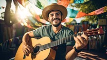 Portrait Man Wearing Sombrero Playing Guitar AI Generative