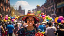 Peoples With Sombrero Hat On The Street Of City AI Generative