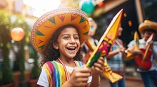 Kids Wearing Sombrero Playing Maracas With Light Exposure AI Generative