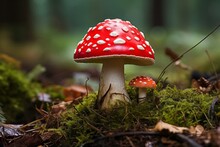 Red Fly Agaric Mushroom In The Forest, Close-up