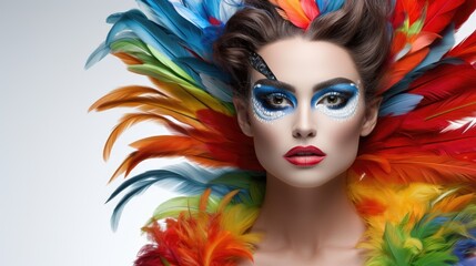 Carnival feather makeup face, a Caucasian woman in a carnival costume with a feather headdress, white background, samba headdress, face paint makeup, generative ai