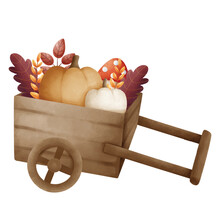 White And Orange Pumpkins, Decorated With Autumn Leaves, Along With Red Mushrooms, Are On A Wooden Cart