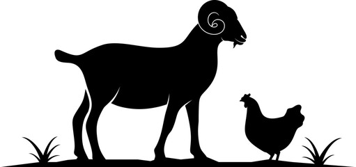 Silhouette goat with chicken and grass