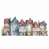 Fototapeta Uliczki - Row of Cute Colorful Houses Illustration - Watercolor Style