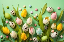 Easter Celebration Concept. Top View Photo Of A Lot Of Colorful Tulips Pussy-willow Branches And Quail Eggs On Isolated Light Green Background, Generative AI