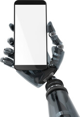 Poster - Digital png illustration of robot's hand with smartphone with blank screen on transparent background