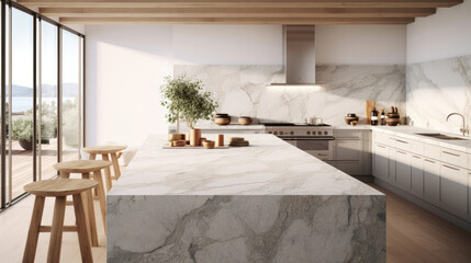 Wall Mural - Front view of white granite kitchen countertop island for montage product display on modern Scandinavian kitchen space.