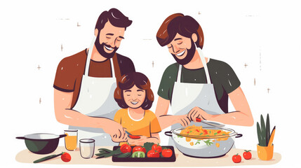 Wall Mural - Happy family cooking lunch at home and preparing delicious food.