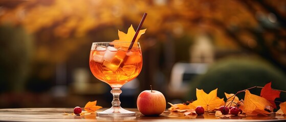 close up cocktail in autumn garden with leaves and berry, Generative Ai