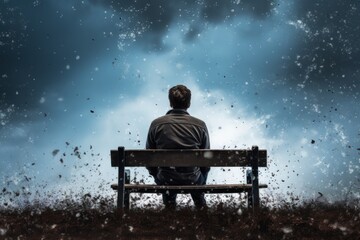 A lonely man sitting on the bench with blue sky