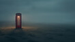 A surreal landscape of a telephone booth situated  in a foggy landscape or desert. Haunting. Mysterious graphic asset. Fog and mist.