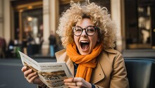 Happy Young Woman In Eyeglasses And Coat Reading Newspaper In City