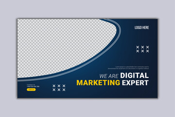 Wall Mural - We are Digital Marketing expert agency landscape banner. vector editable template file. dark blue with soft light gradient color bg for web poster, banner