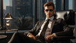 © hakule - Handsome young businessman in suit and sunglasses sitting in office chair. created by generative AI technology.