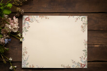 Blank Paper And Flowers On Country Rustic Wooden Table Background For Printable Art, Paper, Stationery And Greeting Card Mockup