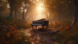 Surreal dreamscape forest and sunset and black grand piano. Generative AI