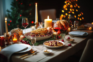  Festive holiday feast captured through analog editorial photography, with a beautifully set dining table adorned with candles, holly, and delicious Christmas dinner