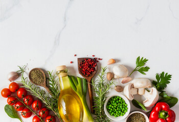 Poster - Healthy food cooking ingredients background with fresh vegetables, herbs, spices and olive oil on marble table with copy space top view
