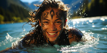 Exhilarating Depiction Of A Jubilant Maori Teen Diving Into Clear Blue River Waters In New Zealand, Traditional Tattoo On Arm Showcasing Indigenous Heritage.
